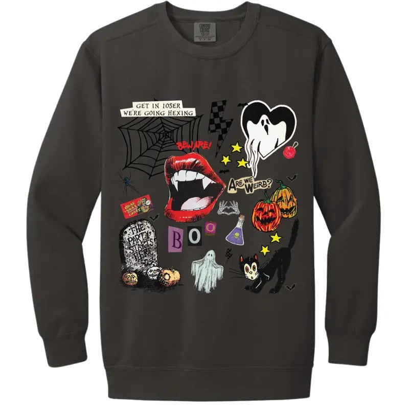 Halloween Comfort Colors Sweatshirt, Halloween Patches Graphic, Comfort Colors Sweatshirt, Spooky Season Crewneck Cotton Fabric
