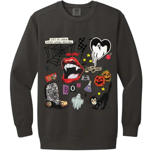 Halloween Comfort Colors Sweatshirt, Halloween Patches Graphic, Comfort Colors Sweatshirt, Spooky Season Crewneck Cotton Fabric