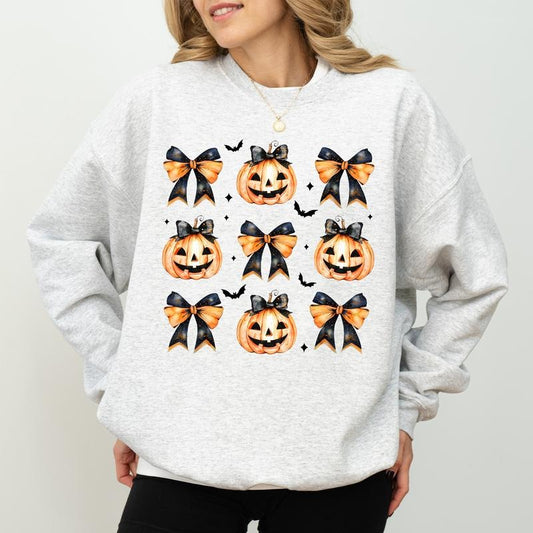 Halloween Coquette Bow Pumpkin Sweatshirt, Gothic Halloween Sweatshirt For Girls, Cute Pumpkin With Bow Sweater, Coquette Bow Crewneck, Spooky Season Tees, Comfy Long Sleeve Pullover, Fall Autumn Women's Tops, Casual Womenswear, Comfort Fabric Cotton Top