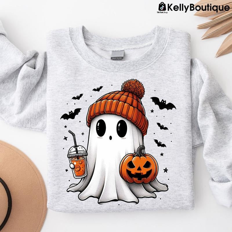Halloween Cute Boo Boo Ghost Pumpkin Sweatshirt T-Shirt, Trendy Halloween Spooky Season Graphic Design Unisex Cotton T-shirt for Men for Women Menswear Womenswear Top