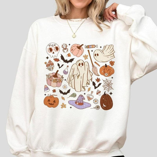 Halloween Doodles Shirt, Cute Halloween Sweatshirt for Her, Halloween Ghost Shirt, Funny Ghost Shirt for Women, Halloween Mom Shirt, Fall Halloween Sweatshirt, Oversized Graphic Tee, Gift for Mama, Halloween Shirt for Mama, Comfort Tee for Mom, Women Top