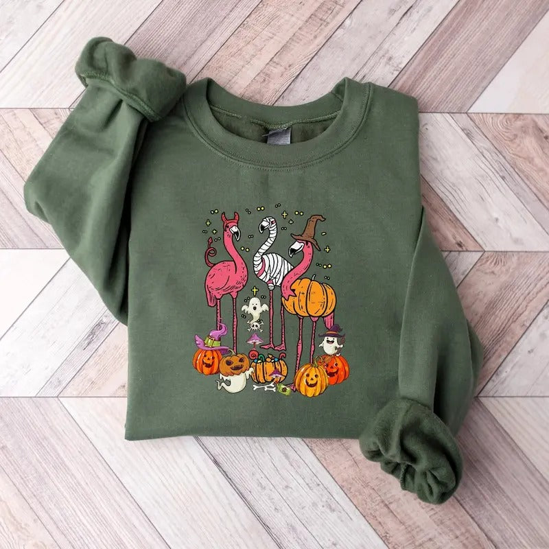 Halloween Flamingo Sweatshirt, Halloween Sweater, Retro Spooky Season, Ghost Sweatshirt, Flamingo Halloween T-shirts...