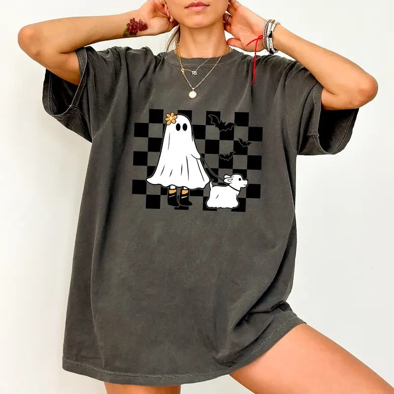 Halloween Ghost Dog Shirt Comfort Color, Retro Ghost with Dogs Checkered Graphic Printed Women Tee, Ghost Dog Halloween...