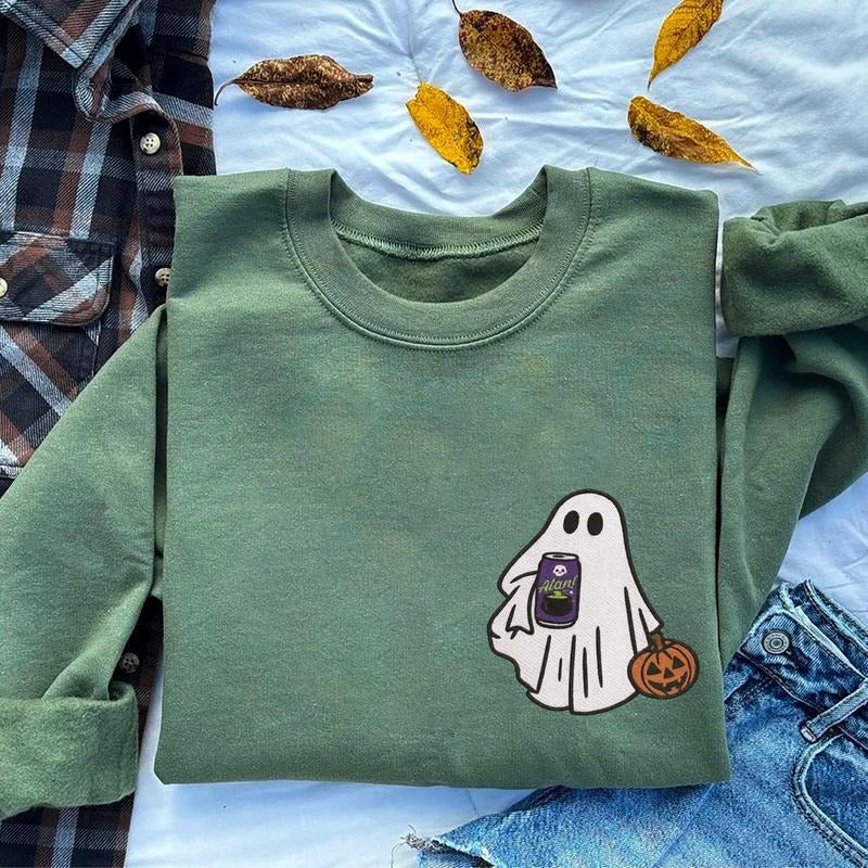 Halloween Ghost Energy Drink Embroidered Sweatshirt, Spooky Ghost Halloween Shirt, Ghost With Energy Drink Fall Sweater