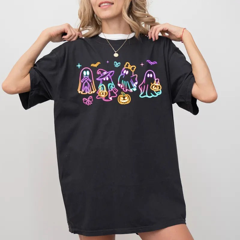 Halloween Ghost Neon Unisex Graphic Tee, Dancing Ghosts Halloween Unhinged Shirt, Funny T-shirt For Women, Cute Ghosts...