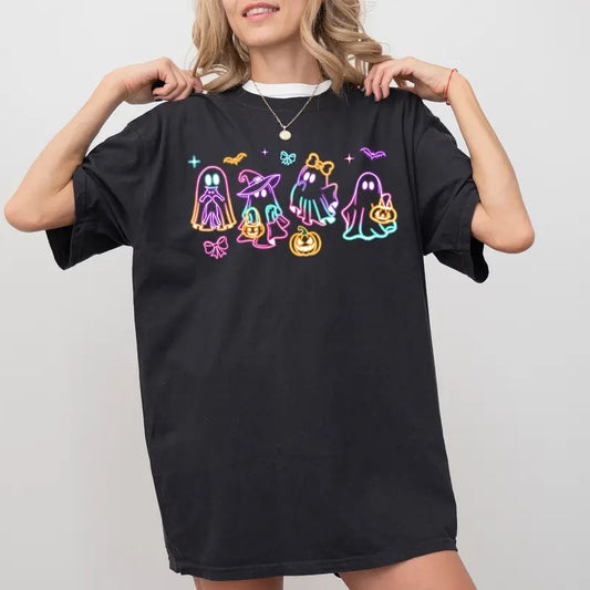 Halloween Ghost Neon Unisex Graphic Tee, Dancing Ghosts Halloween Unhinged Shirt, Funny T-shirt For Women, Cute Ghosts...