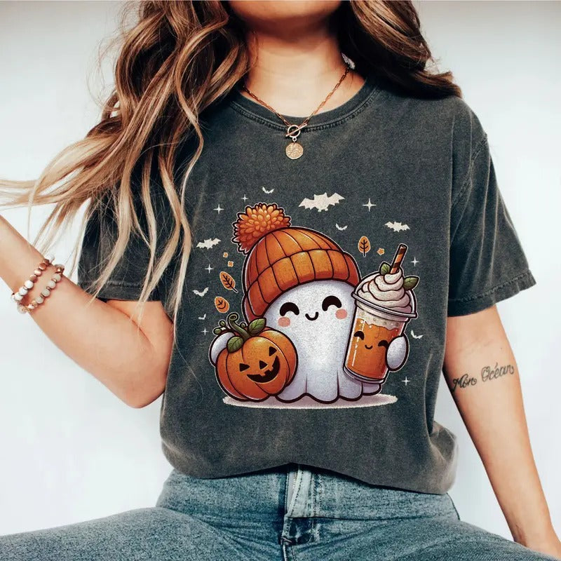 Halloween Ghost Shirt, Cute Halloween Shirt, Halloween Women Shirt Gift, Spooky Season Shirt, Halloween Ghost Comfort Shirt for Her, Cute Fall Shirt, Gift For Halloween, Halloween Ghost Pumpkin Spice Shirt, Cute Ghost Halloween Sweatshirt, Women Top