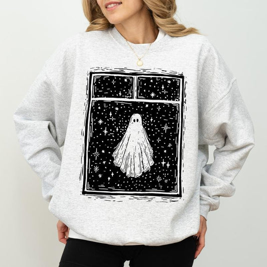 Halloween Ghost Sweatshirt, Funny Halloween Ghost in Window Crewneck, Spooky Season Sweatshirt, Cute Ghost Sweater, Spooky Vibes Sweatshirt For Women, Comfy Long Sleeve Pullover, Cute Women's Tops, Fall Winter Casual Womenswear, Comfort Fabric Cotton Top