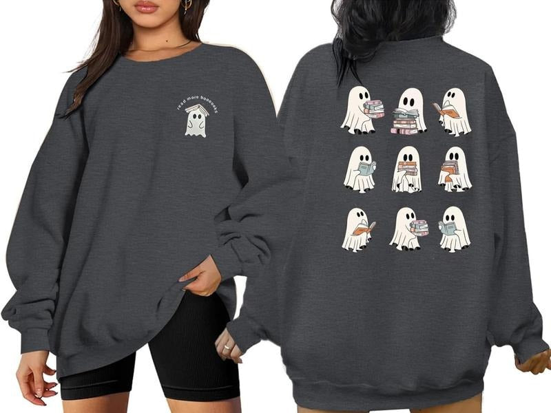 Halloween Ghost Sweatshirts Women Ghost Reading Books Oversized Fall Holiday Crew Neck Funny Teacher Pullover