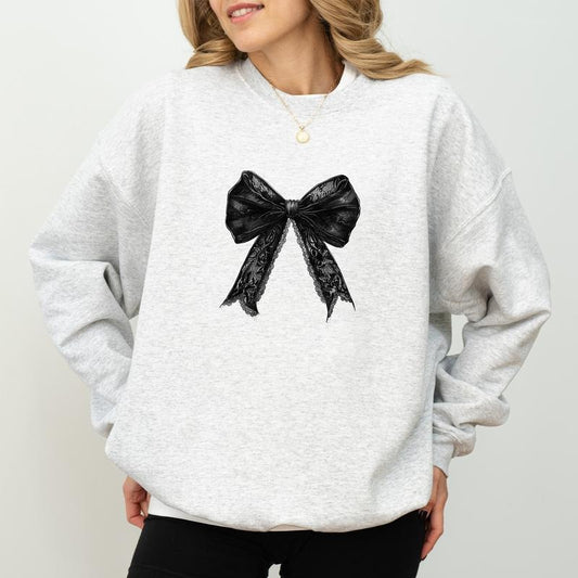 Halloween Gothic Coquette Bow Sweatshirt, Gothic Halloween Sweatshirt For Girls, Cute Black Coquette Sweater, Coquette Bow Crewneck, Spooky Season Tees, Comfy Long Sleeve Pullover, Fall Autumn Women's Tops, Casual Womenswear, Comfort Fabric Cotton Top