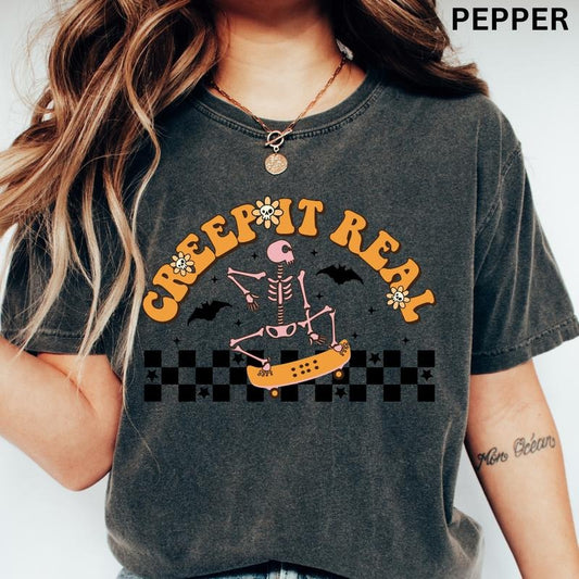 Halloween Graphic Shirt, Creep It Real Skater Shirt, Comfort Colors Shirt, Comfort Colors Halloween Shirt, Casual Shirt Unisex, Halloween Clothing, Graphic Halloween Apparel, Casual Cotton T-shirt, Unisex Halloween