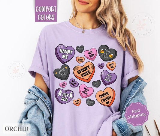 Halloween Hearts Shirt Comfort Colors, Fall Tshirt,  October Vibes Shirt for Women Oversized Crewneck Tee