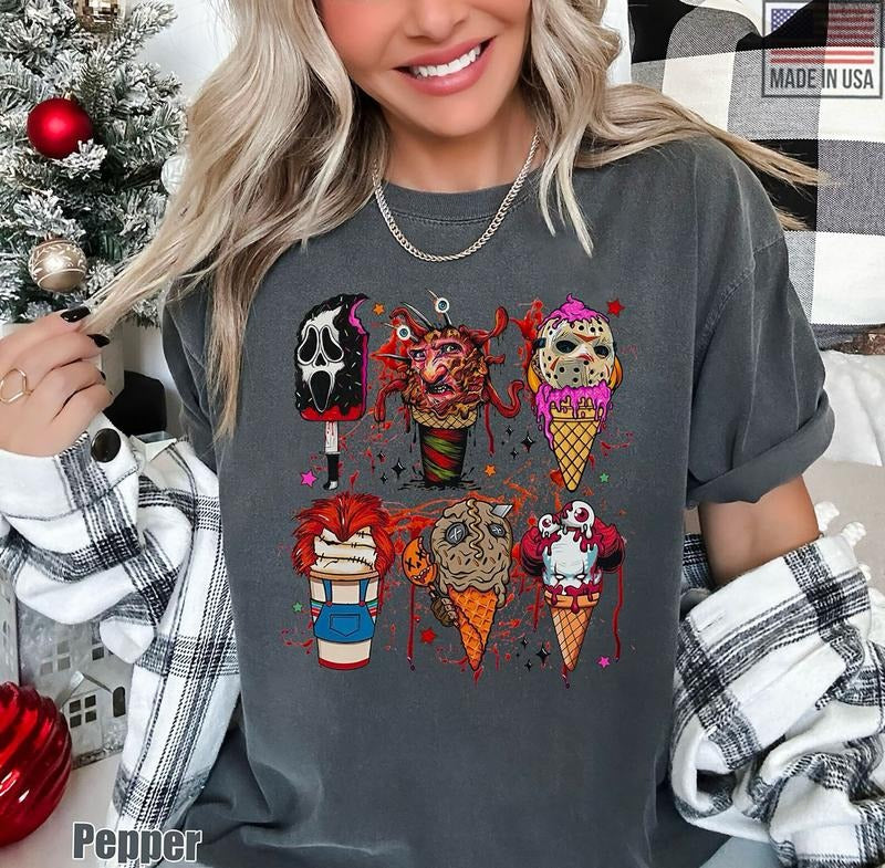 Halloween Horror Ice Cream Shirt, Summerween Shirt, Funny Horror Movie Characters Tshirt, Scary Movie Snacks Sweatshirt, Spooky Ice Cream Tee, Horror Movie Ice Cream T-Shirt
