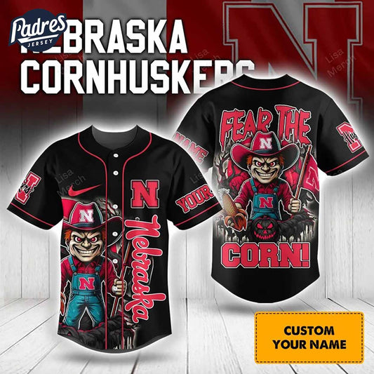 Halloween Nebraska Cornhuskers Fear The Corn Football Custom Baseball Jersey - Padres Jersey Oasis: Elevate... (Image 1)