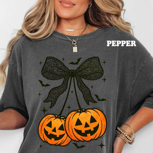 Halloween Pumpkin Cherries Bow Shirt ~ Unisex Apparel Relaxed Fit Printed In The USA Clothing Womenswear Casual Comfort Cotton Top Athletic Boho Chi