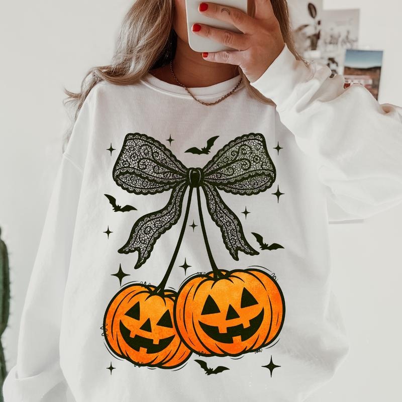 Halloween Pumpkin Cherries Bow Sweatshirt ~ Unisex Apparel Relaxed Fit Printed In The USA Clothing Womenswear Casual Comfort Cotton Top Athletic Boho Chi