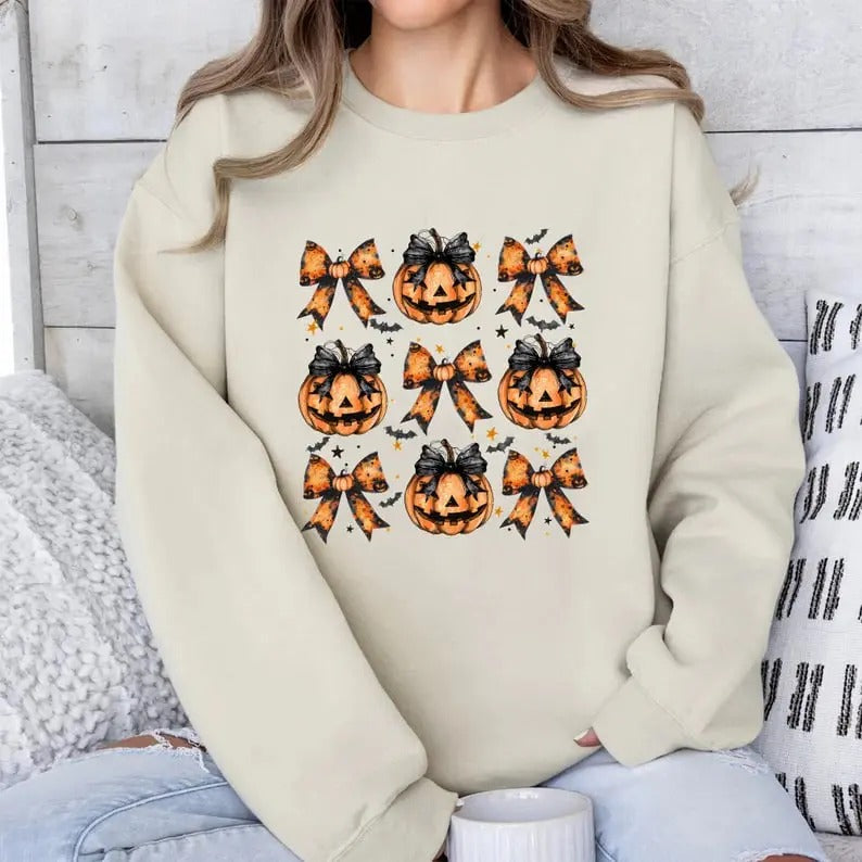 Halloween Pumpkin Coquette Bow Sweatshirt, Pumpkin Spooky Season Halloween Shirt, Spooky Season, Halloween Bows Shirts, Pumpkin and Bow Tees
