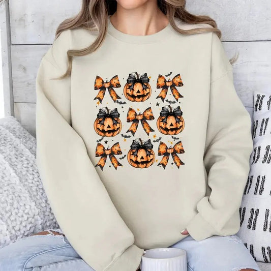 Halloween Pumpkin Coquette Bow Sweatshirt, Pumpkin Spooky Season Halloween Shirt, Spooky Season, Halloween Bows Shirts, Pumpkin and Bow Tees