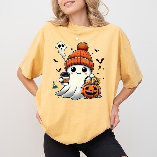 Halloween Pumpkin Ghost Coffee Shirt, Coffee Ghost Tshirt for Women, Little Ghost Tee, Cute Boo Shirt for Girl, Funny Coffee Lover Gift Shirt, Fall Autumn Boo Tees, Spooky Season T-shirt, Fall Women's Tops, Casual Womenswear, Comfort Relaxed Cotton Fabric