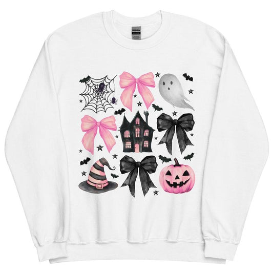 Halloween Pumpkin Pink bBows and Ghost Crewneck - Unisex Apparel Relaxed Fit Printed In The USA Clothing Womenswear Casual Comfort Cotton Top Athletic Boho Chic