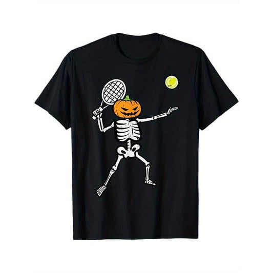 Halloween Pumpkin Skeleton Tennis Costume Men Women Boys T-Shirt, 100% Cotton, Halloween Thanksgiving Christmas Gift for Men Women Dad Mom Friends, S-XXXL, Black made in usa