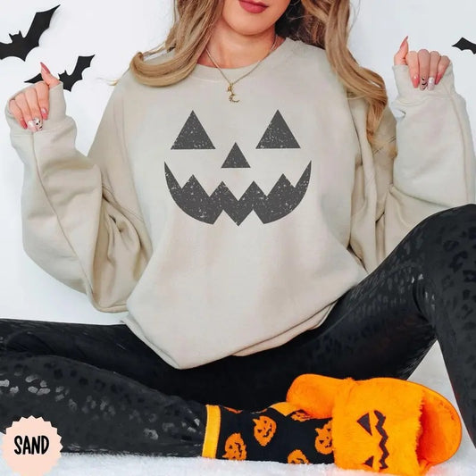 Halloween Pumpkin Unisex Sweatshirts, Pumpkin Face Sweatshirt, Jack O' Lantern Sweatshirt Cotton Womenswear