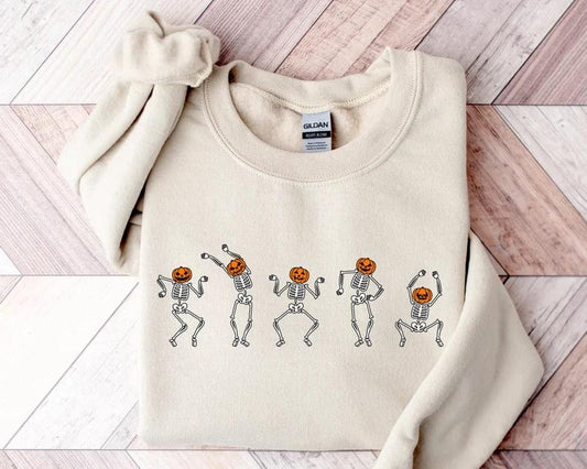 Halloween Skeleton Sweatshirt, Dancing Skeleton Sweatshirt, Pumpkin Skeleton Graphic Sweater, Halloween Gifts, Fall...