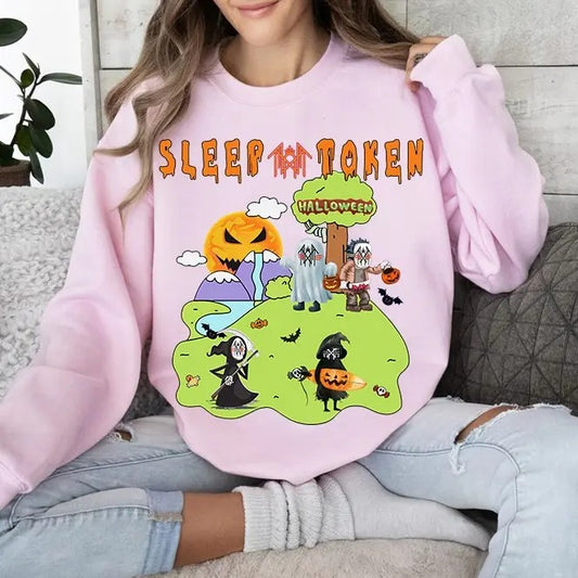Halloween Sleep Token Vintage Sweatshirt Scary Characters Spooky Season Sweater