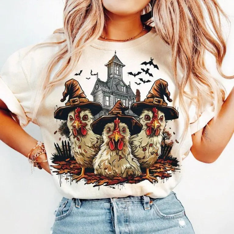 Halloween Spooky Chickens Autumn T-Shirt , For Men, For Women, Casual, Classic Fashion Cotton Underwear Shirt Womenswear And Menswear Top