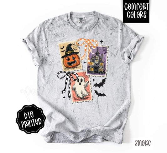 Halloween Stamps Comfort Colors Color Blast T-Shirt, Women's Graphic Tee Spooky Season Shirt