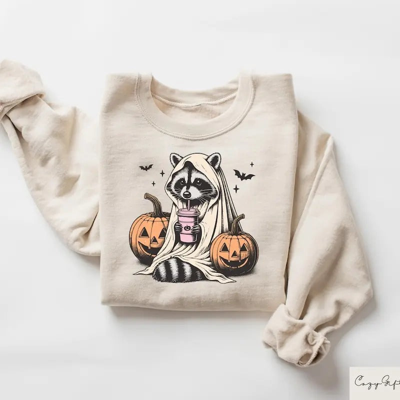 Halloween Sweatshirt, Cute Raccoon Ghost T-Shirt, Spooky Season Gift Cotton Menswear Hoodie | WearSparks.com