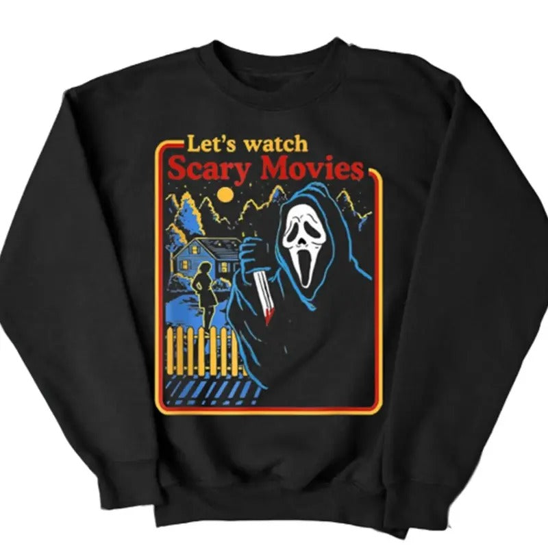 Halloween Sweatshirt, Halloween Costumes Sweatshirt, Lets Watch Scary Movies Scream Horror 2024 Halloween Party Shirt Sweater Gifts