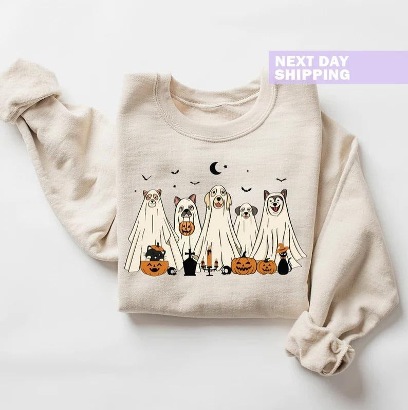 Halloween Sweatshirt, Halloween Sweater, 2024 Happy Halloween, Retro Spooky Season, Halloween Dog Sweatshirt, Ghost Dog...