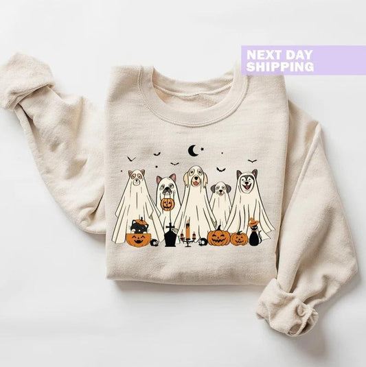 Halloween Sweatshirt, Halloween Sweater, 2024 Happy Halloween, Retro Spooky Season, Halloween Dog Sweatshirt, Ghost Dog...