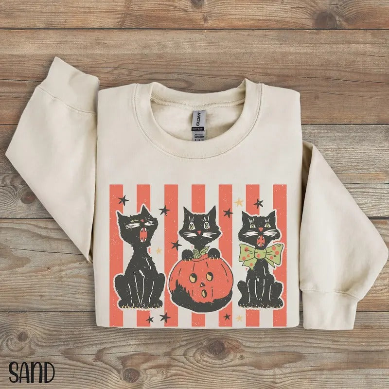 Halloween Sweatshirt, Vintage Halloween Cat Sweater, Halloween Cat Shirt, Cat Lover Crewneck,Black Cat Shirt,Spooky Sweatshirt for Halloween Cotton Hoodie