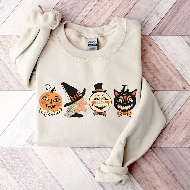 Halloween Sweatshirt, Vintage Halloween Doodles Sweater, Halloween Cat Shirt, Halloween Pumpkin Shirt, Witch Shirt, Retro Halloween Sweater