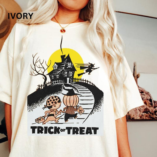 Halloween T-shirt, Comfort Colors Shirt, Trick or Treat House Graphic Shirt, Vintage Shirt Cotton Fabric