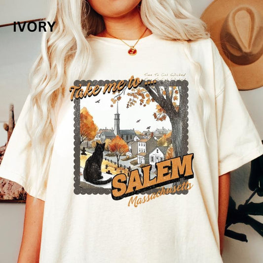 Halloween Take Me to Salem Shirt Unisex Relaxed Fit Printed in USA Casual Comfort Cotton Top Athletic Boho Chic All Seasons Oversized Crewneck Tshirt for Women Men and Teens