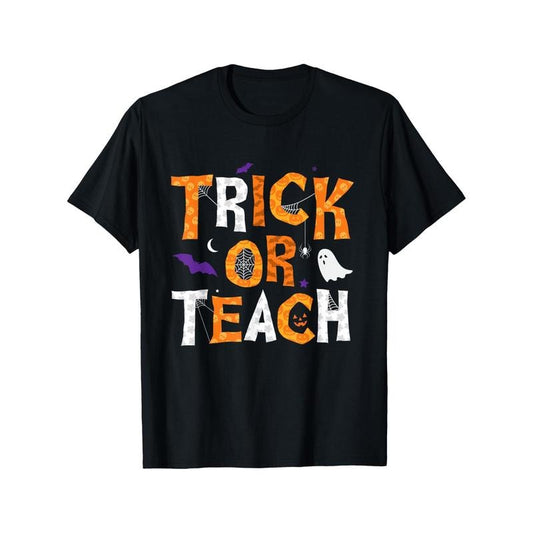 Halloween Teacher T-Shirt, Men'S Cotton Crew Neck, Geometric Pattern, Sports Style, All-Season, Slight Stretch, Knit Fabric, Skinny Fit, Applique Details - Perfect Gift for Educators Made in USA