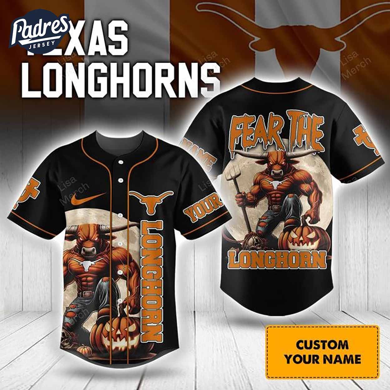 Halloween Texas Longhorns Fear The Longhorn Football Custom Baseball Jersey - Padres Jersey Oasis: Elevate Your... (Image 1)