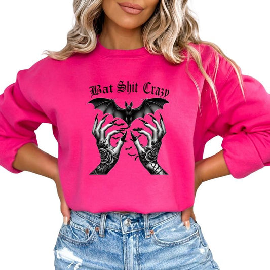 Halloween Themed Bat Sh$t Crazy Pullover Sweater for Women, Alternative - Grunge Vibes Long Sleeve Sweatshirt, Witches Hand with Bat Womenswear, Cotton, Uisex Sizing, Casual, Comfortable
