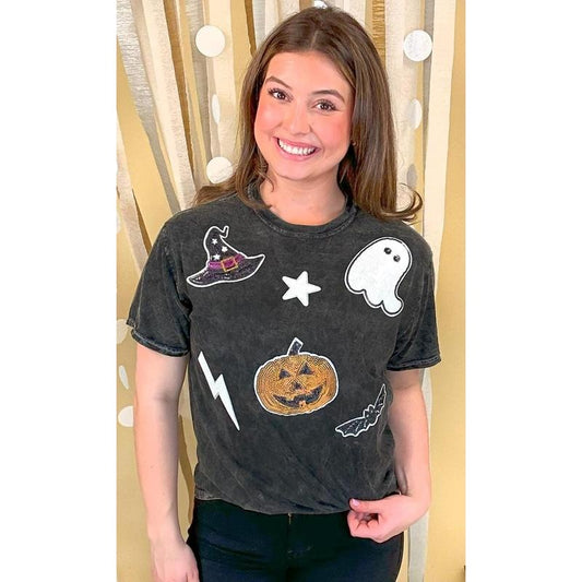Halloween Things Sequin Mineral Washed T-Shirt