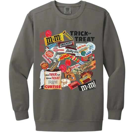 Halloween Trick-Or-Treat Candy Sweatshirt, Comfort Colors Sweatshirt, Spooky Season Crewneck Cotton Fabric