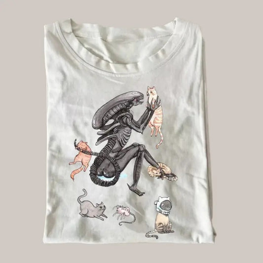 Halloween Vintage Tees, Alien And Cats T-shirt, Horror Movie Shirt, Unisex Funny Halloween Shirt Menswear Womenswear Streetwear