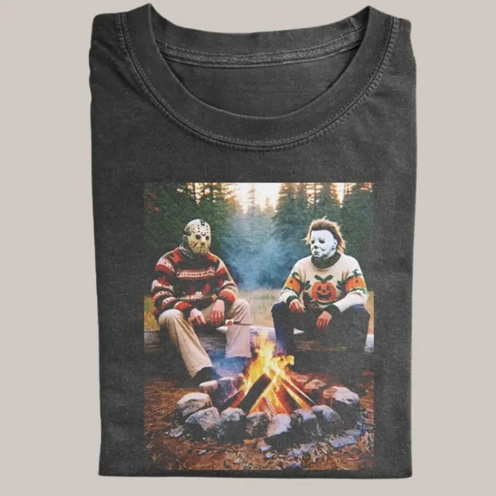 Halloween Vintage Tees, Jason x Michael Camping Funny T-Shirt, Horror Movie Shirt, Unisex Funny Halloween Shirt Menswear Womenswear Streetwear