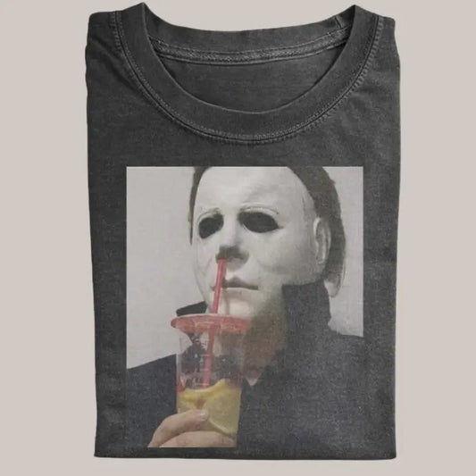 Halloween Vintage Tees, Michael Myers Drink Juice T-shirt, Horror Movie Shirt, Unisex Funny Halloween Shirt Menswear Womenswear Streetwear