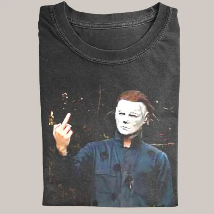 Halloween Vintage Tees, Michael Myers Middle Finger T-shirt, Horror Movie Shirt, Unisex Funny Halloween Shirt Menswear Womenswear Streetwear