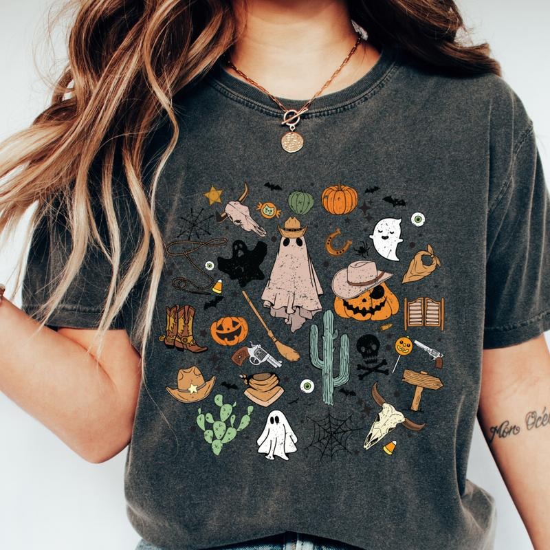 Halloween Western Doodles Shirt, Western Halloween Tee, Halloween Graphic shirt, Comfort Colors Shirt, Ghost Halloween Shirt, Casual Shirt Unisex, Halloween Clothing, Graphic Halloween Apparel, Casual Cotton T-shirt, Unisex Halloween