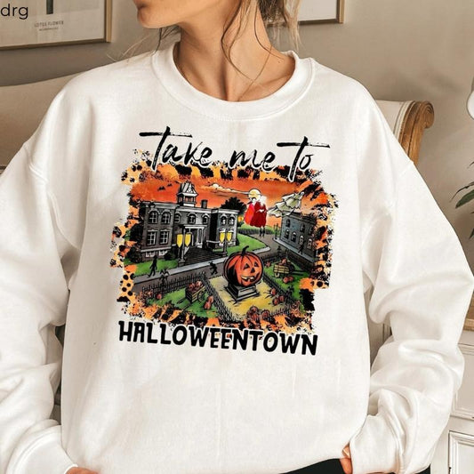 Halloweent0wn Scene Halloween Sweatshirt, Cozy Spooky Town Pullover, Pumpkin Patch Graphic Hoodie, Fall Movie Night...