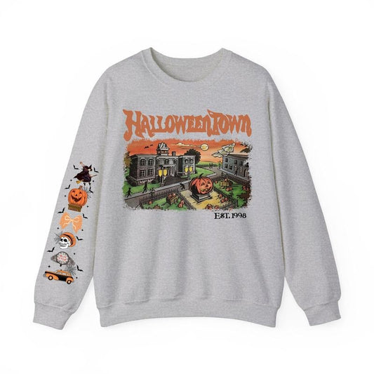 Halloweentown Sweatshirt EST. 1998 - Printed Halloween icons on sleeve  – Vintage Halloween Crewneck